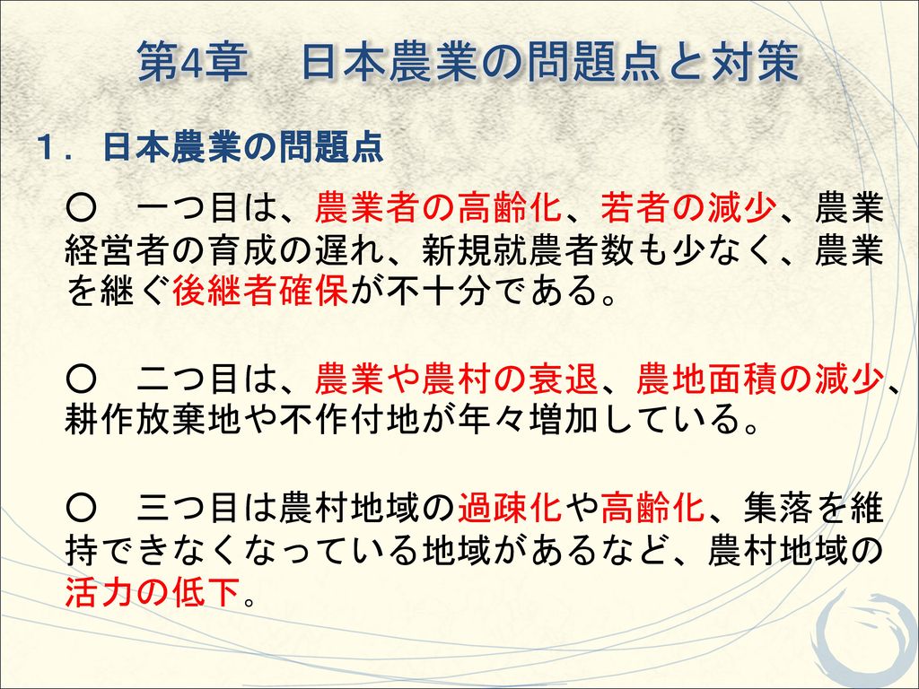 第4章 日本農業の問題点と対策 １．日本農業の問題点