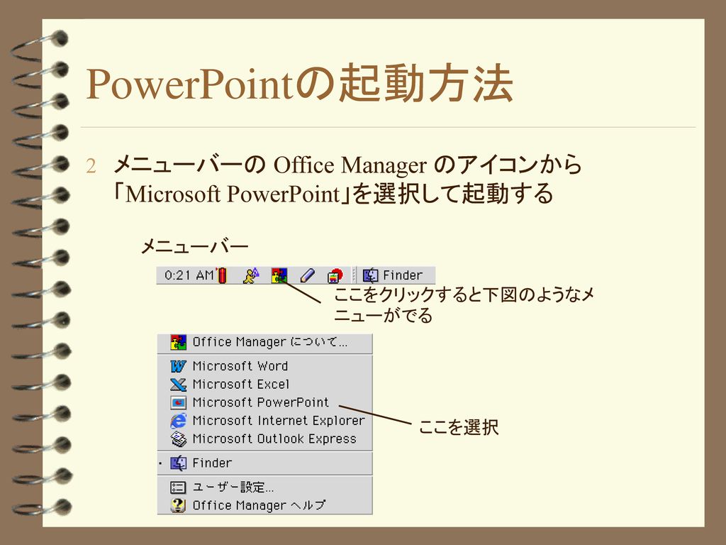 PowerPointの起動方法 メニューバーの Office Manager のアイコンから「Microsoft PowerPoint」を選択して起動する. メニューバー. ここをクリックすると下図のようなメニューがでる.