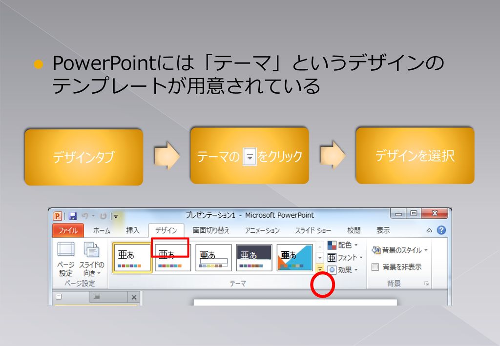 PowerPointには「テーマ」というデザインの テンプレートが用意されている