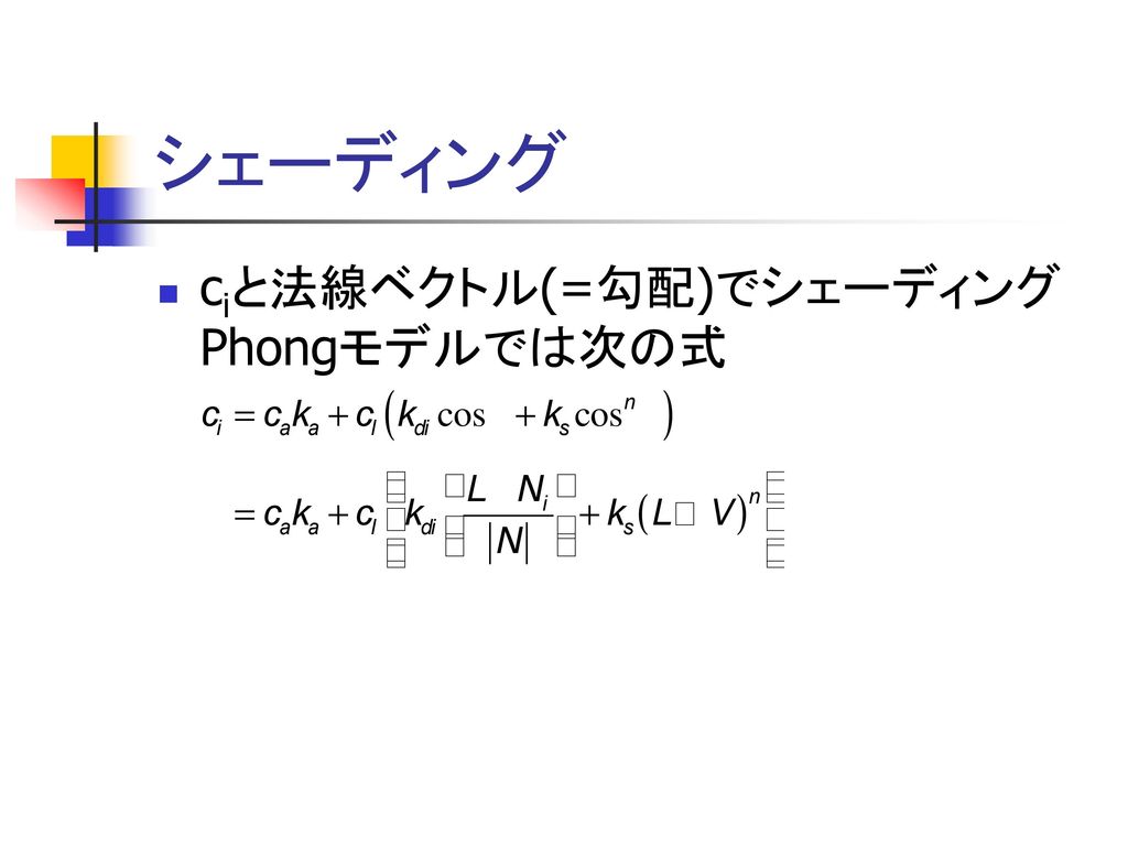 シェーディング ciと法線ベクトル(=勾配)でシェーディング Phongモデルでは次の式