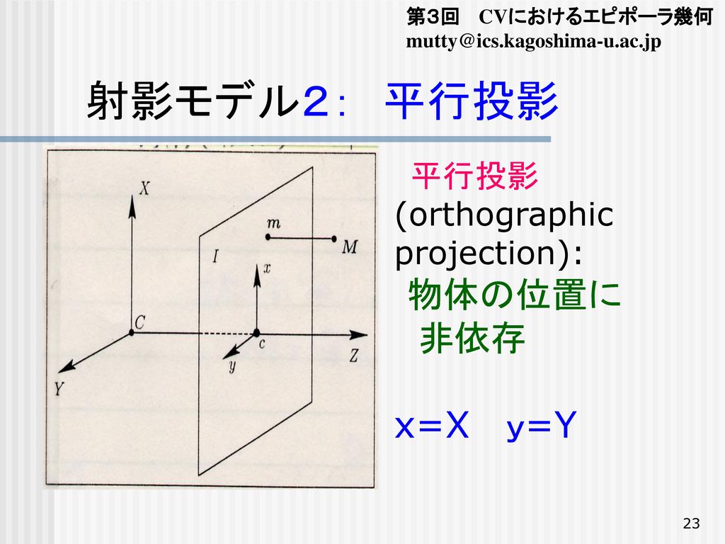 射影モデル1： 中心投影 (perspective projection): 非線形 x=X/Z ｙ=Y/Z (f=1) 中心(透視）投影