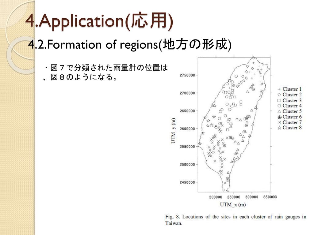 4.Application(応用) 4.2.Formation of regions(地方の形成) ・図７で分類された雨量計の位置は