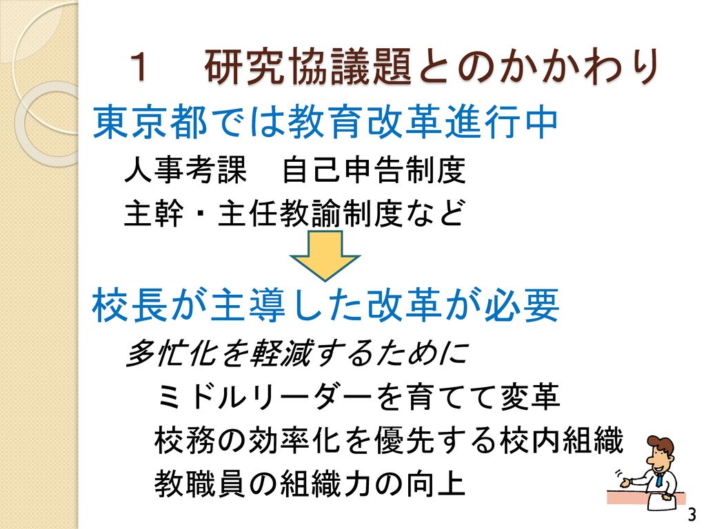 １ 研究協議題とのかかわり 東京都では教育改革進行中 校長が主導した改革が必要 人事考課 自己申告制度 主幹・主任教諭制度など