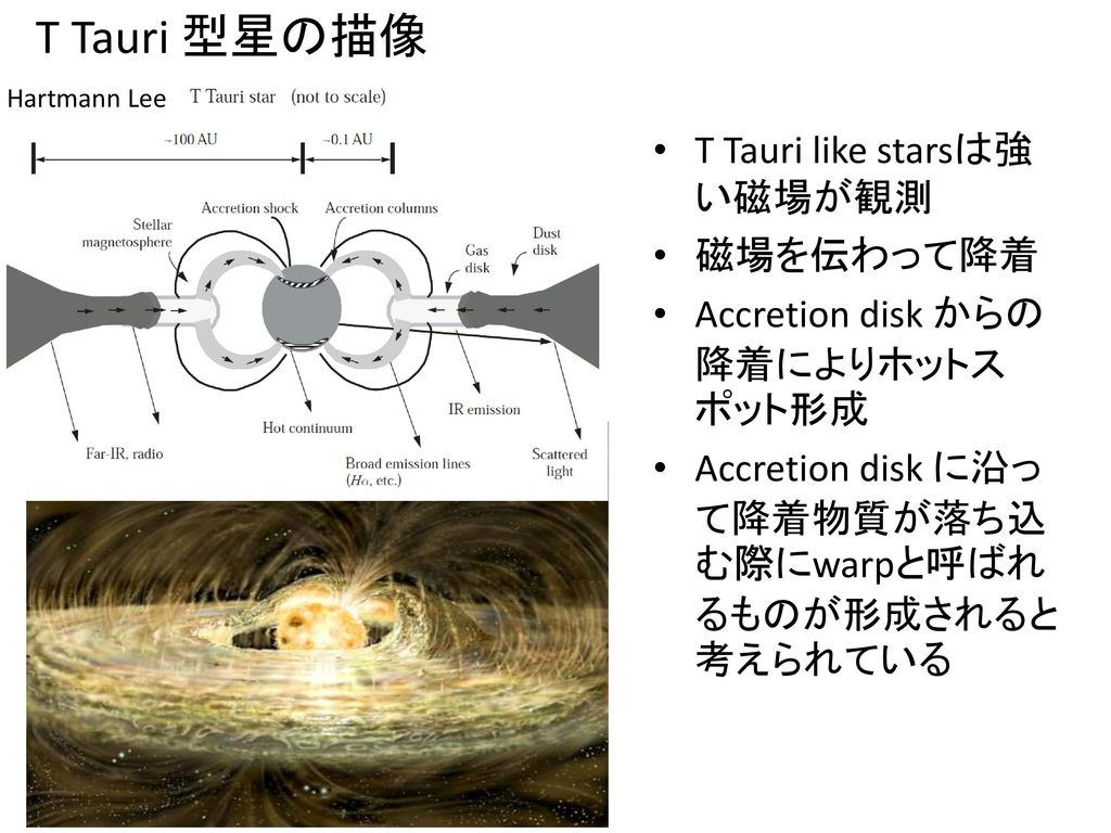 T Tauri 型星の描像 T Tauri like starsは強い磁場が観測 磁場を伝わって降着