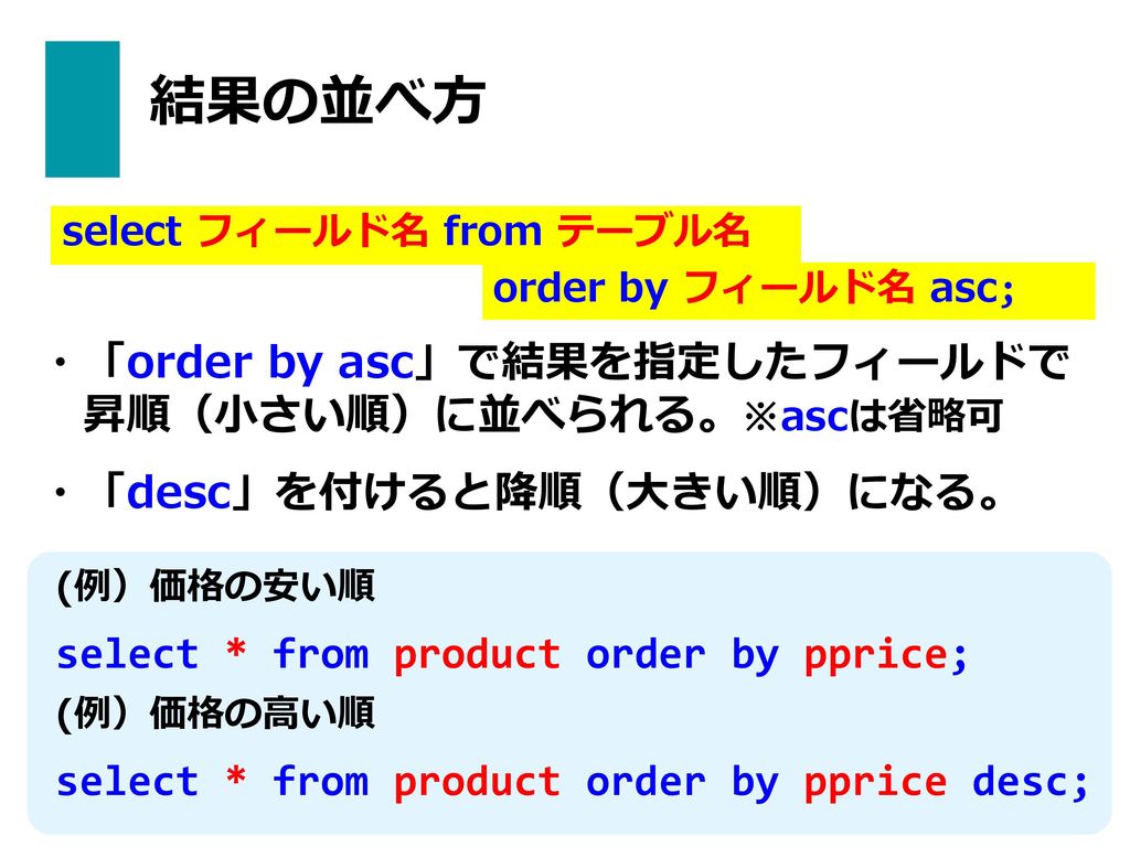 結果の並べ方 ・「order by asc」で結果を指定したフィールドで 昇順（小さい順）に並べられる。※ascは省略可