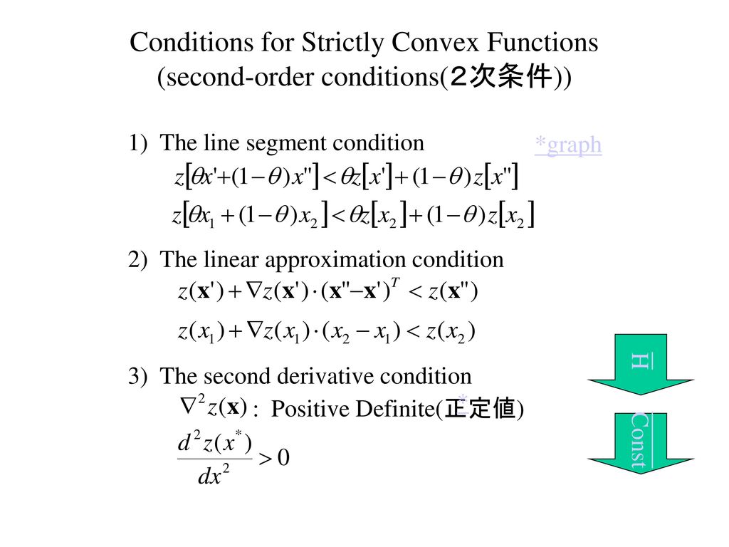 Conditions for Strictly Convex Functions (second-order conditions(２次条件))