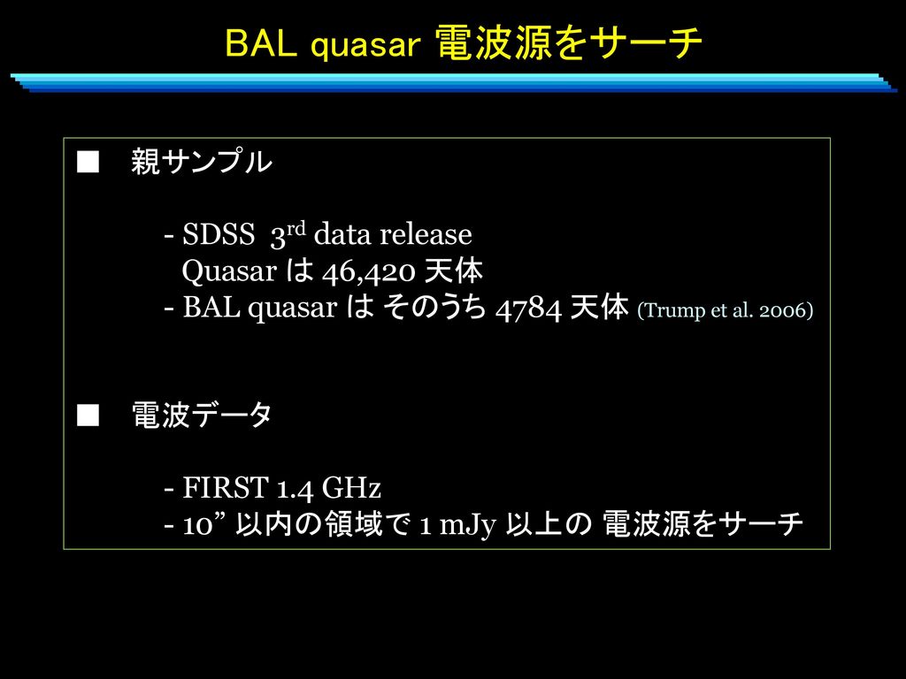 BAL quasar 電波源をサーチ ■ 親サンプル - SDSS 3rd data release Quasar は 46,420 天体