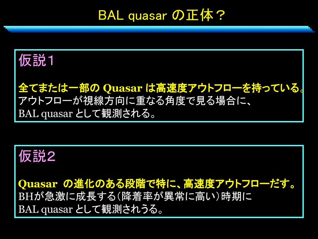 BAL quasar の正体？ 仮説１ 仮説２ 全てまたは一部の Quasar は高速度アウトフローを持っている。