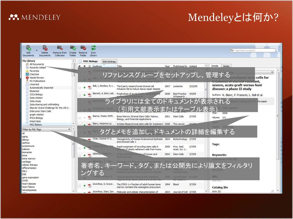 Mendeleyとは何か リファレンスグループをセットアップし、管理する ライブラリには全てのドキュメントが表示される
