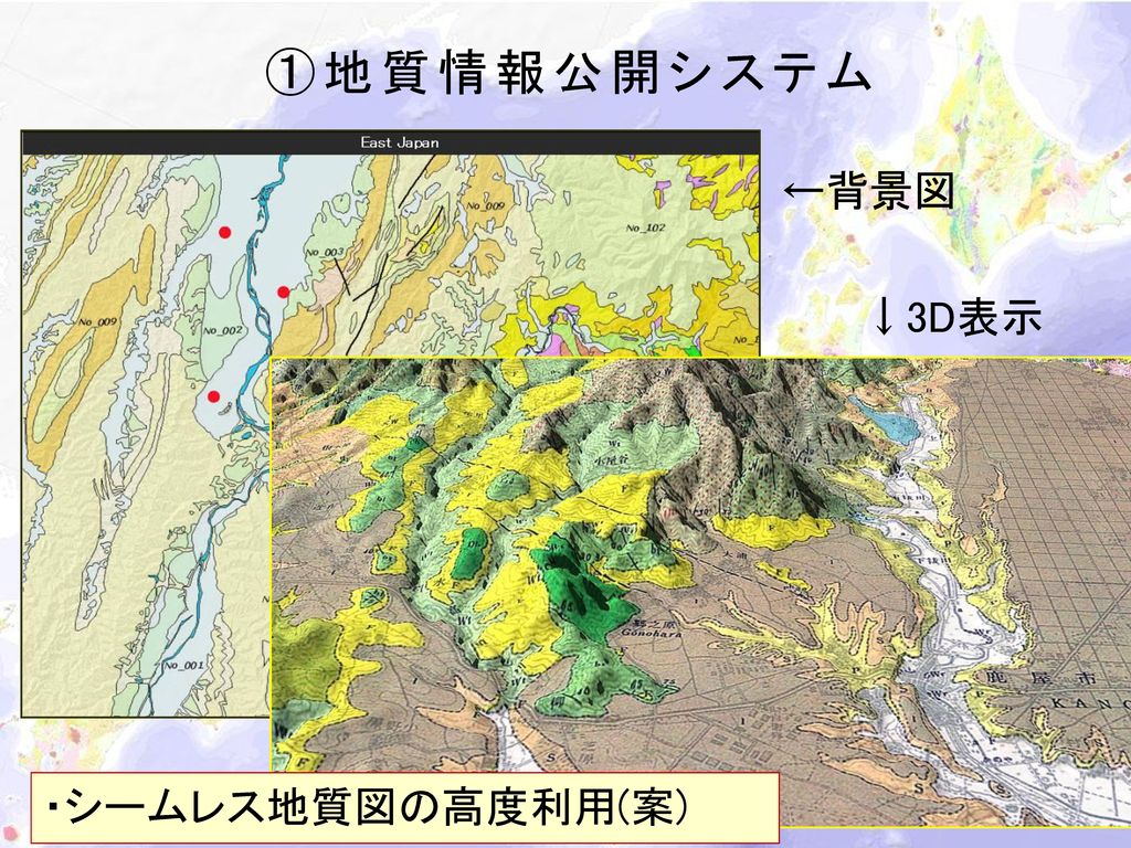 ①地質情報公開システム ←背景図 ↓3D表示 ・シームレス地質図の高度利用(案)