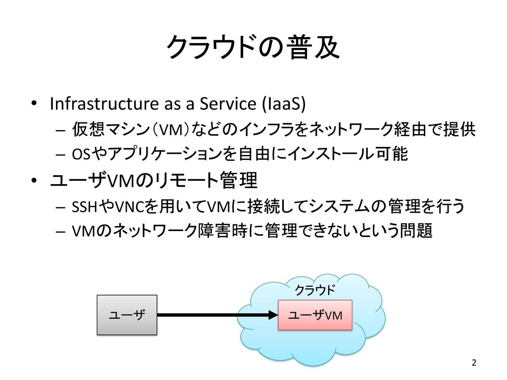 クラウドの普及 Infrastructure as a Service (IaaS) ユーザVMのリモート管理