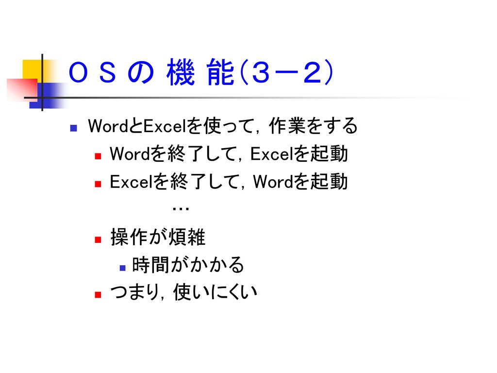 O S の 機 能（３－２） WordとExcelを使って，作業をする Wordを終了して，Excelを起動
