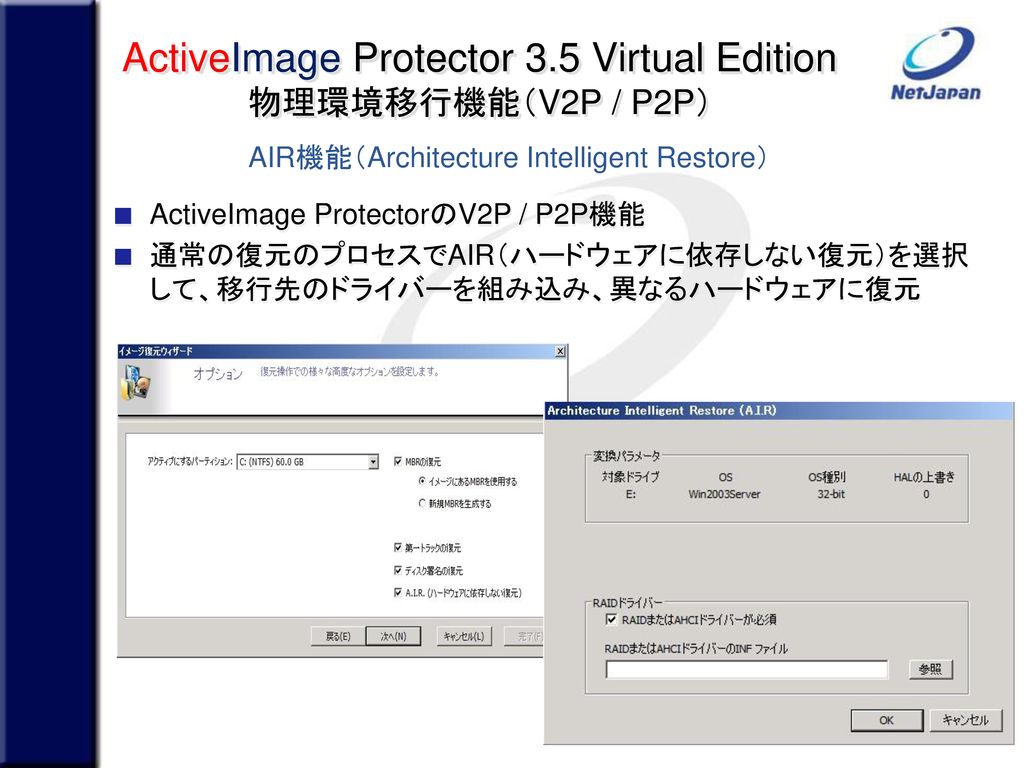 ActiveImage Protector 3.5 Virtual Edition 物理環境移行機能（V2P / P2P）