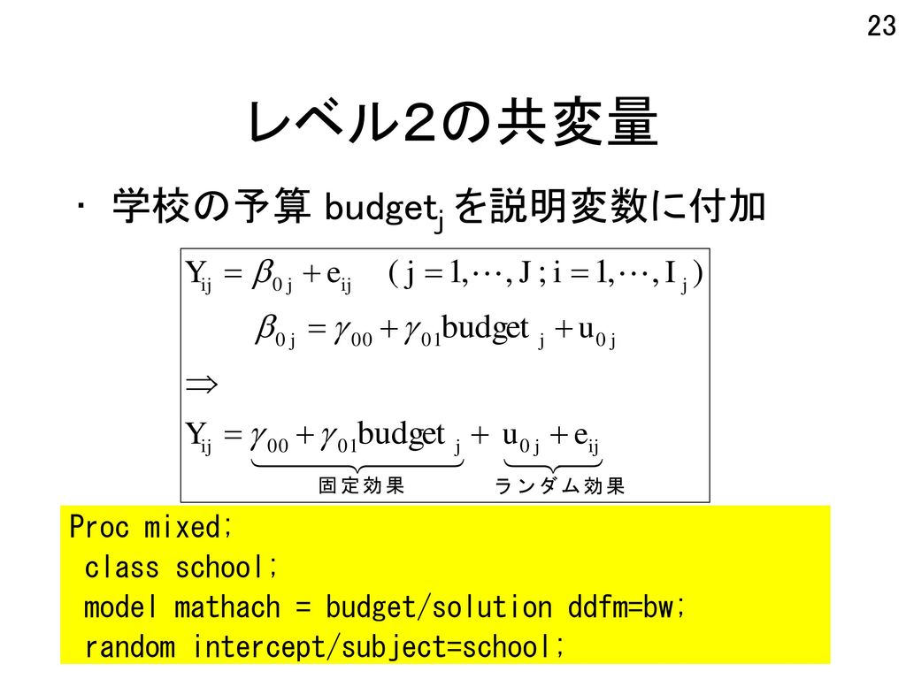 レベル２の共変量 学校の予算 budgetj を説明変数に付加 Proc mixed; class school;