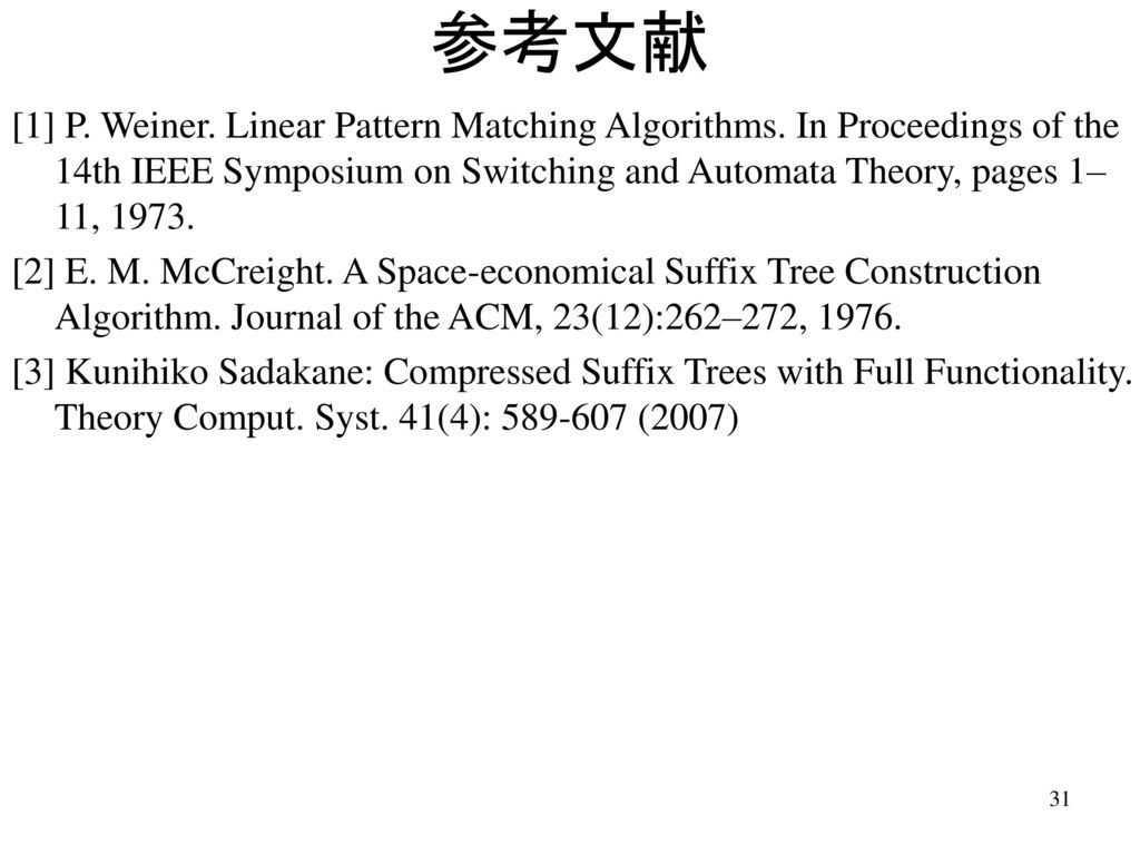 参考文献 [1] P. Weiner. Linear Pattern Matching Algorithms. In Proceedings of the 14th IEEE Symposium on Switching and Automata Theory, pages 1–11,