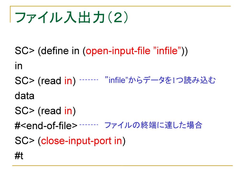 ファイル入出力（２） SC> (define in (open-input-file infile )) in
