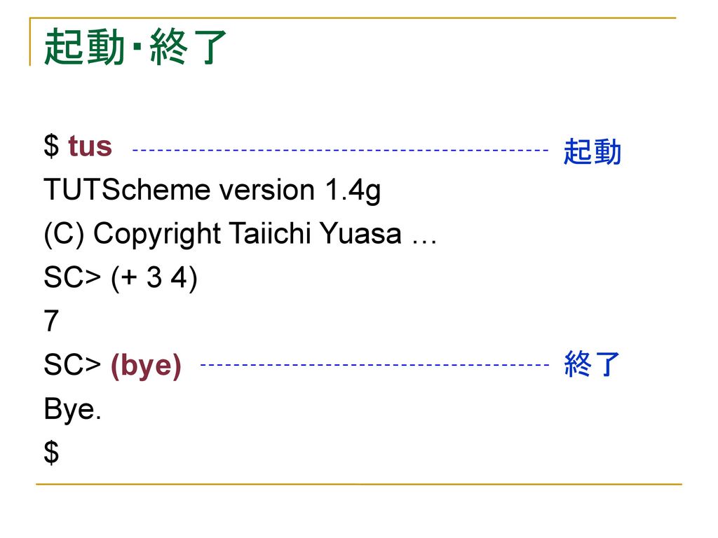 起動・終了 $ tus 起動 TUTScheme version 1.4g (C) Copyright Taiichi Yuasa …
