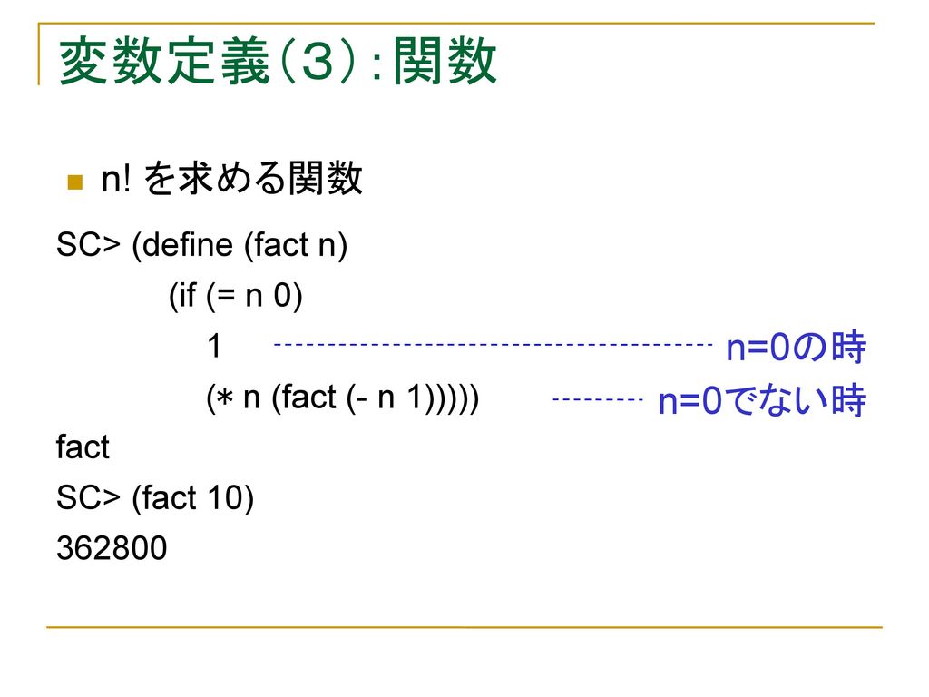 変数定義（３）：関数 n! を求める関数 n=0の時 n=0でない時 SC> (define (fact n) (if (= n 0)