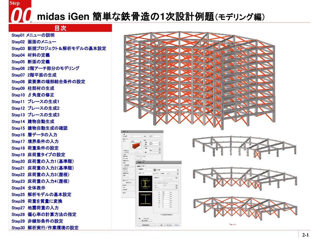 00 midas iGen 簡単な鉄骨造の1次設計例題（モデリング編） 目次 Step01 メニューの説明 Step02 画面のメニュー