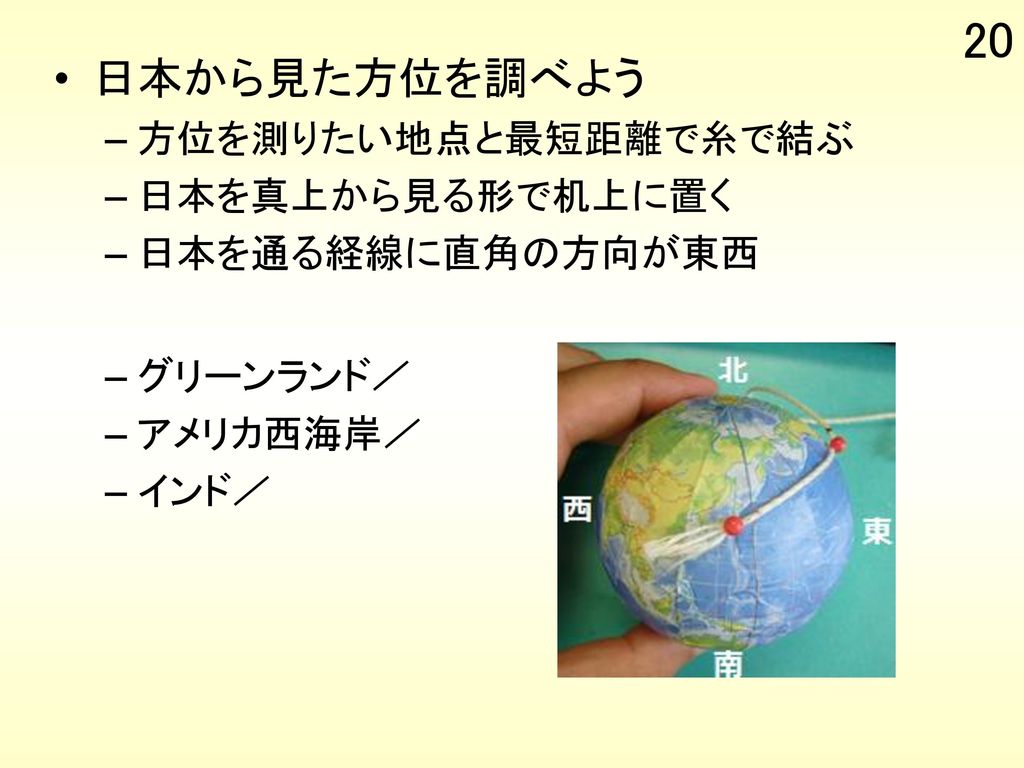 日本から見た方位を調べよう 方位を測りたい地点と最短距離で糸で結ぶ 日本を真上から見る形で机上に置く 日本を通る経線に直角の方向が東西