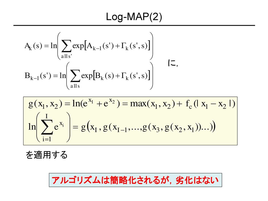 Log-MAP(2) に， を適用する アルゴリズムは簡略化されるが，劣化はない