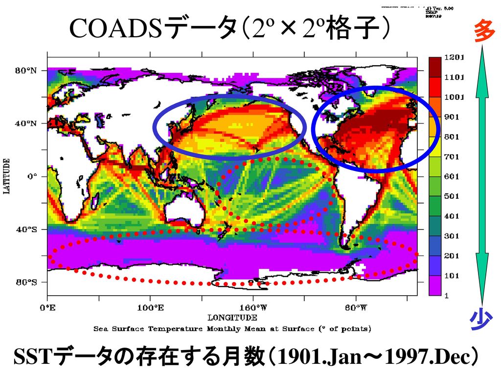COADSデータ（2º×2º格子） 多 少 SSTデータの存在する月数（1901.Jan～1997.Dec）
