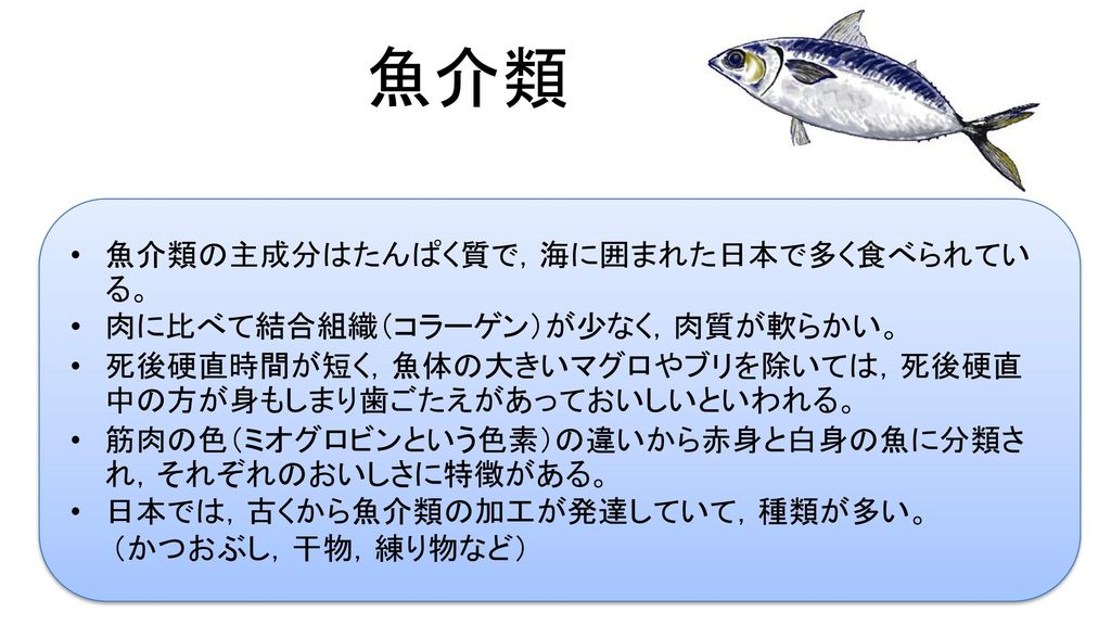 魚介類 魚介類の主成分はたんぱく質で，海に囲まれた日本で多く食べられている。 肉に比べて結合組織（コラーゲン）が少なく，肉質が軟らかい。