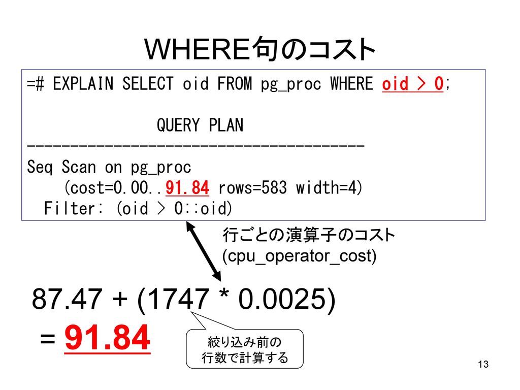 WHERE句のコスト =# EXPLAIN SELECT oid FROM pg_proc WHERE oid > 0; QUERY PLAN