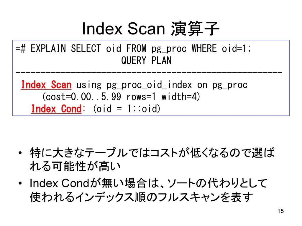 Index Scan 演算子 特に大きなテーブルではコストが低くなるので選ばれる可能性が高い