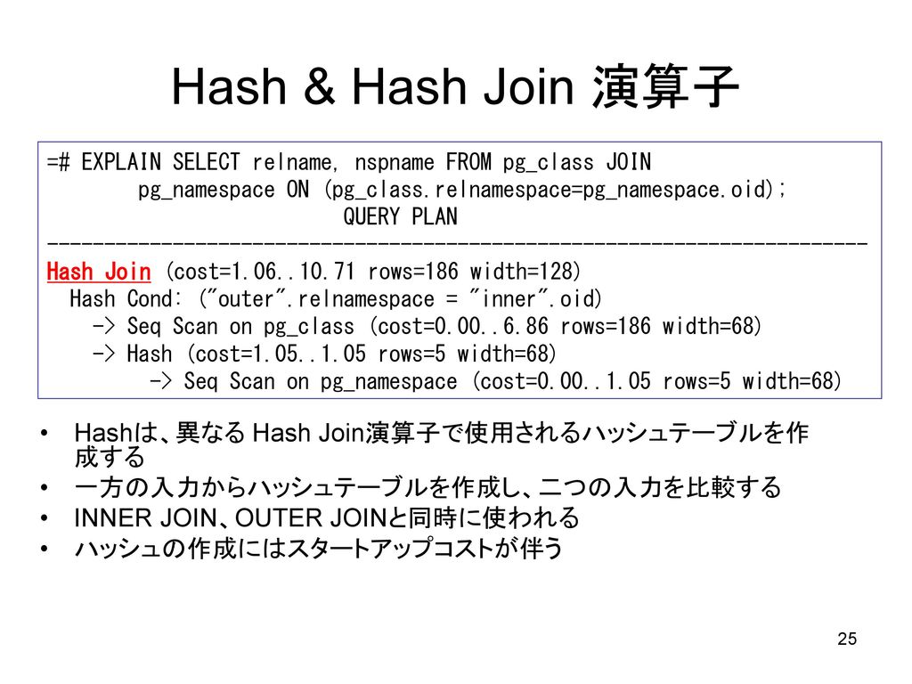 Hash & Hash Join 演算子 Hashは、異なる Hash Join演算子で使用されるハッシュテーブルを作成する