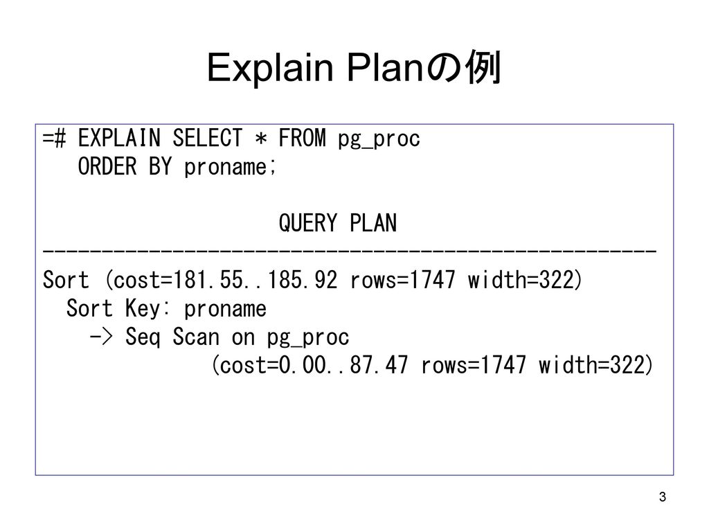 Explain Planの例 =# EXPLAIN SELECT * FROM pg_proc ORDER BY proname;