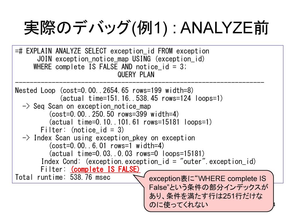 実際のデバッグ(例1) : ANALYZE前 =# EXPLAIN ANALYZE SELECT exception_id FROM exception. JOIN exception_notice_map USING (exception_id)