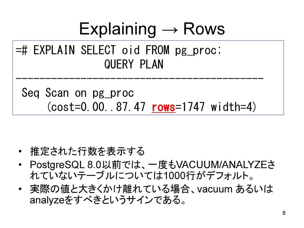 Explaining → Rows =# EXPLAIN SELECT oid FROM pg_proc; QUERY PLAN