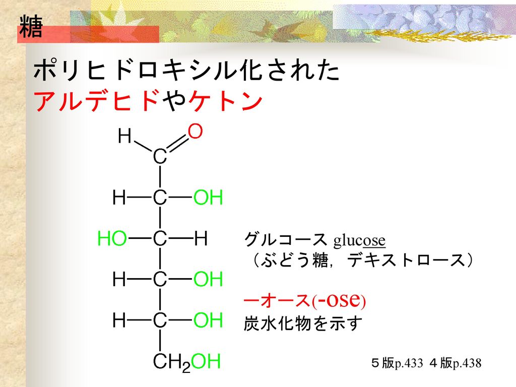 糖 ポリヒドロキシル化された アルデヒドやケトン グルコース glucose （ぶどう糖，デキストロース） ーオース(-ose)