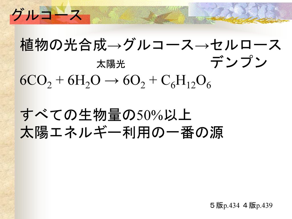 グルコース 植物の光合成→グルコース→セルロース 太陽光 デンプン 6CO2 + 6H2O → 6O2 + C6H12O6