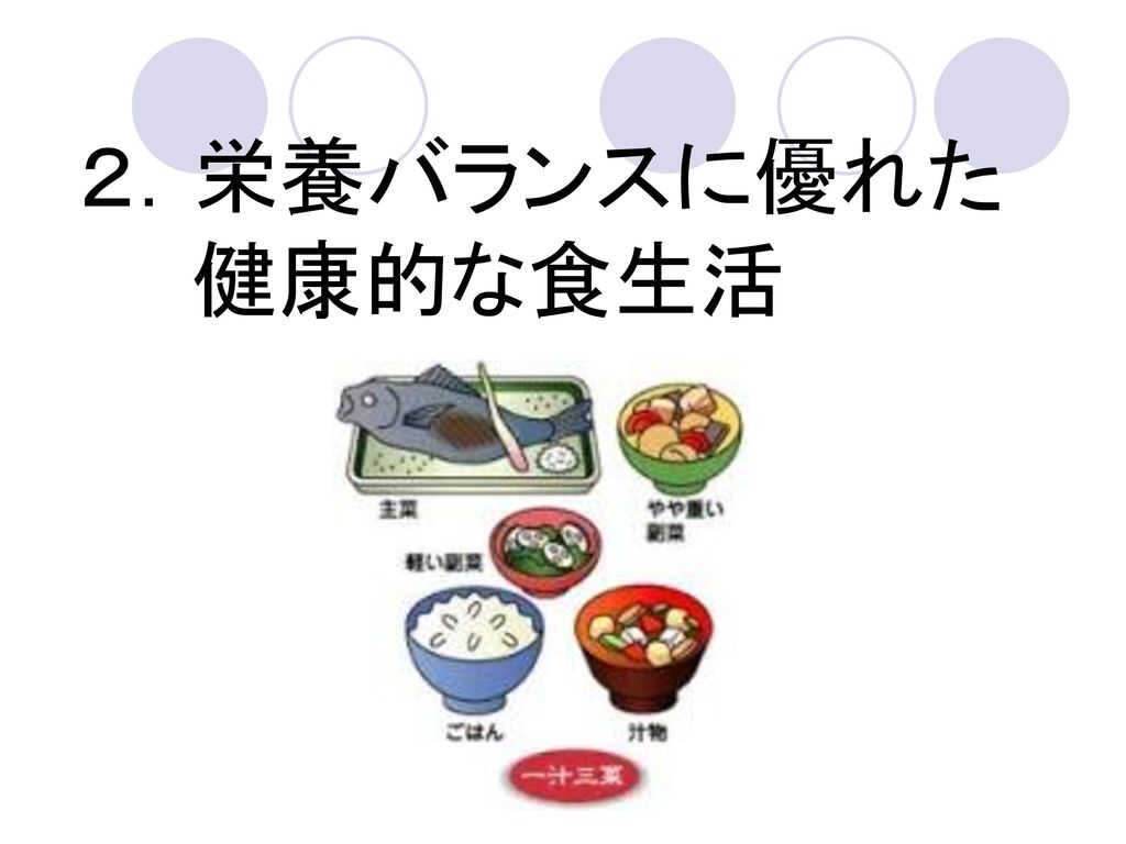 ２．栄養バランスに優れた 健康的な食生活 一汁三菜（１種類の汁物と３種類の菜からなる日本料理の基本的な膳立て）を基本とする日本の食事スタイルは、理想的な栄養バランスと言われている。