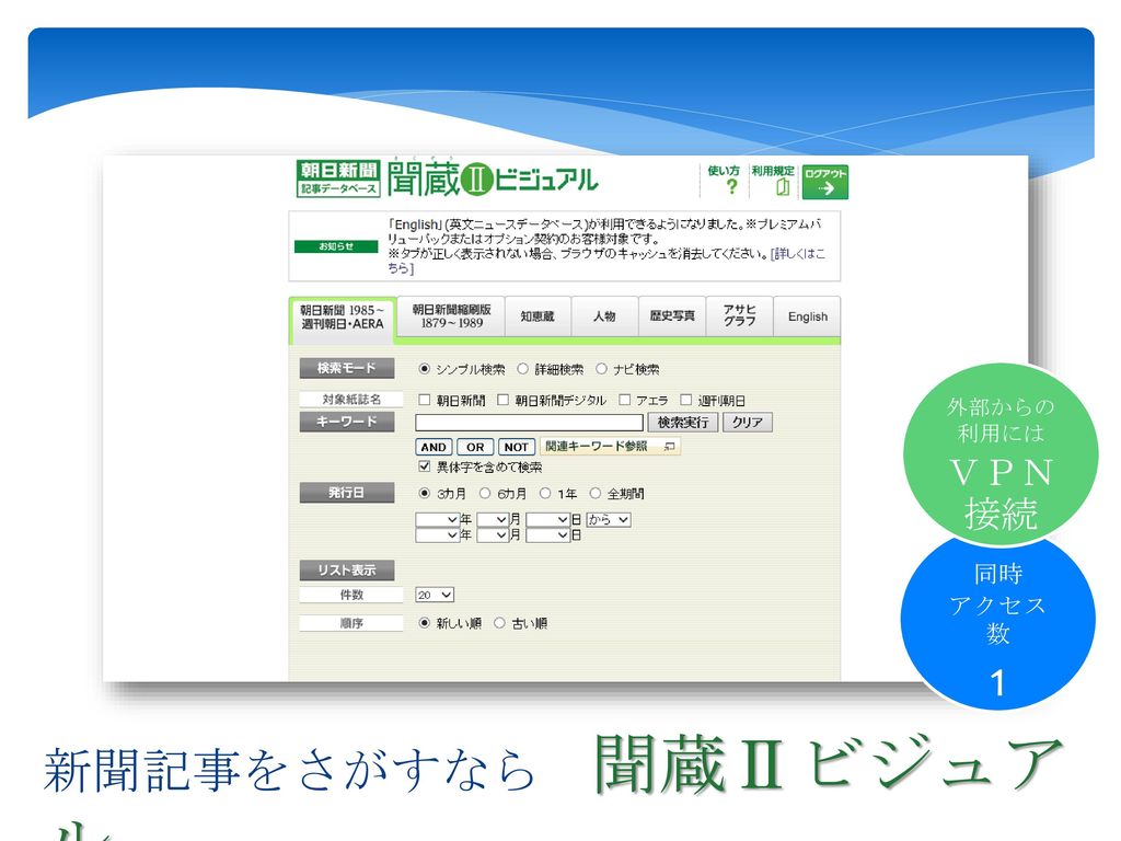 1 新聞記事をさがすなら 聞蔵Ⅱビジュアル ＶＰＮ接続 聞蔵Ⅱビジュアルは朝日新聞社の記事データベースです。