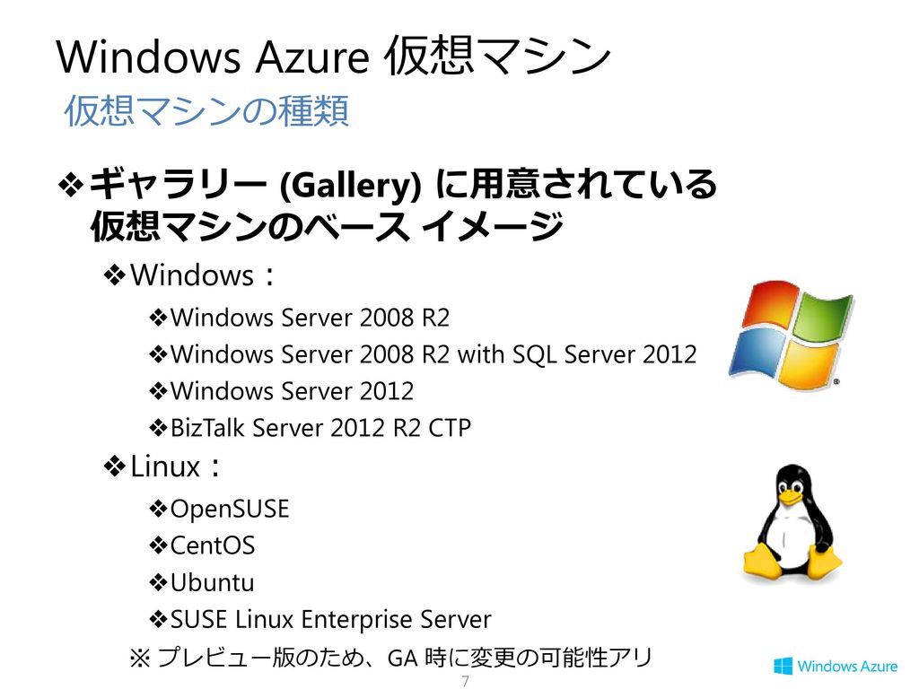 Windows Azure 仮想マシン 仮想マシンの種類 ギャラリー (Gallery) に用意されている 仮想マシンのベース イメージ