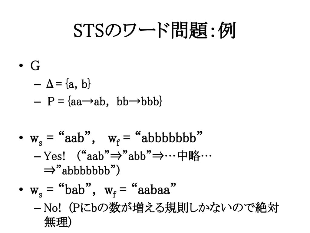 STSのワード問題：例 G ws = aab , wf = abbbbbbb ws = bab , wf = aabaa