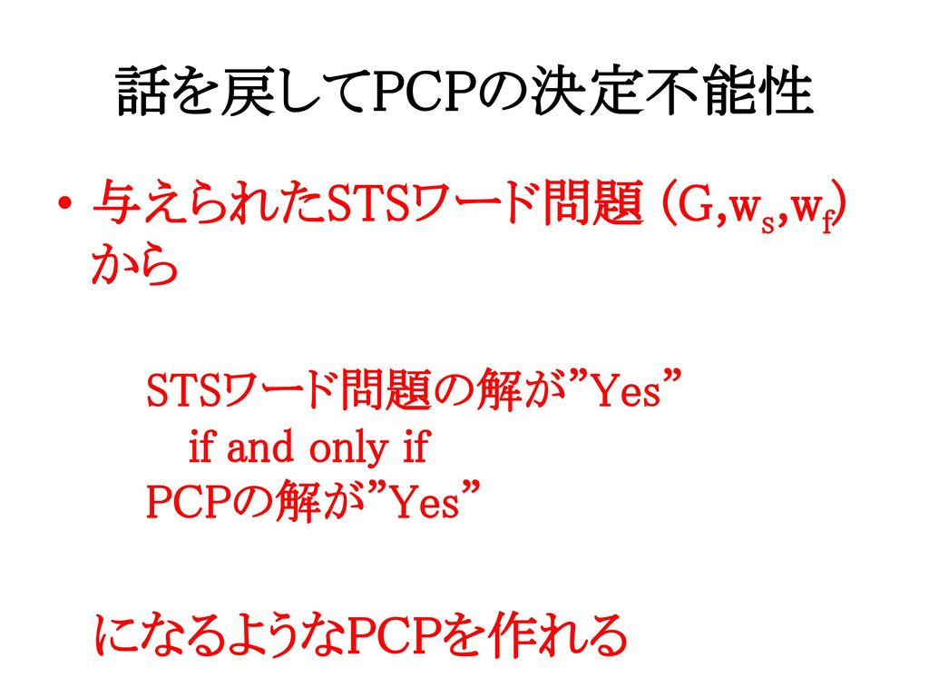 話を戻してPCPの決定不能性 与えられたSTSワード問題 (G,ws,wf) から になるようなPCPを作れる