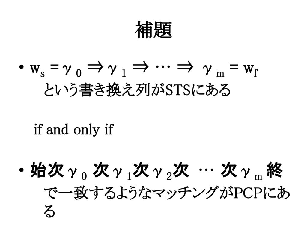 補題 ws =γ0 ⇒γ1 ⇒ … ⇒ γm = wf 始次γ0 次γ1次γ2次 … 次γm 終 という書き換え列がSTSにある