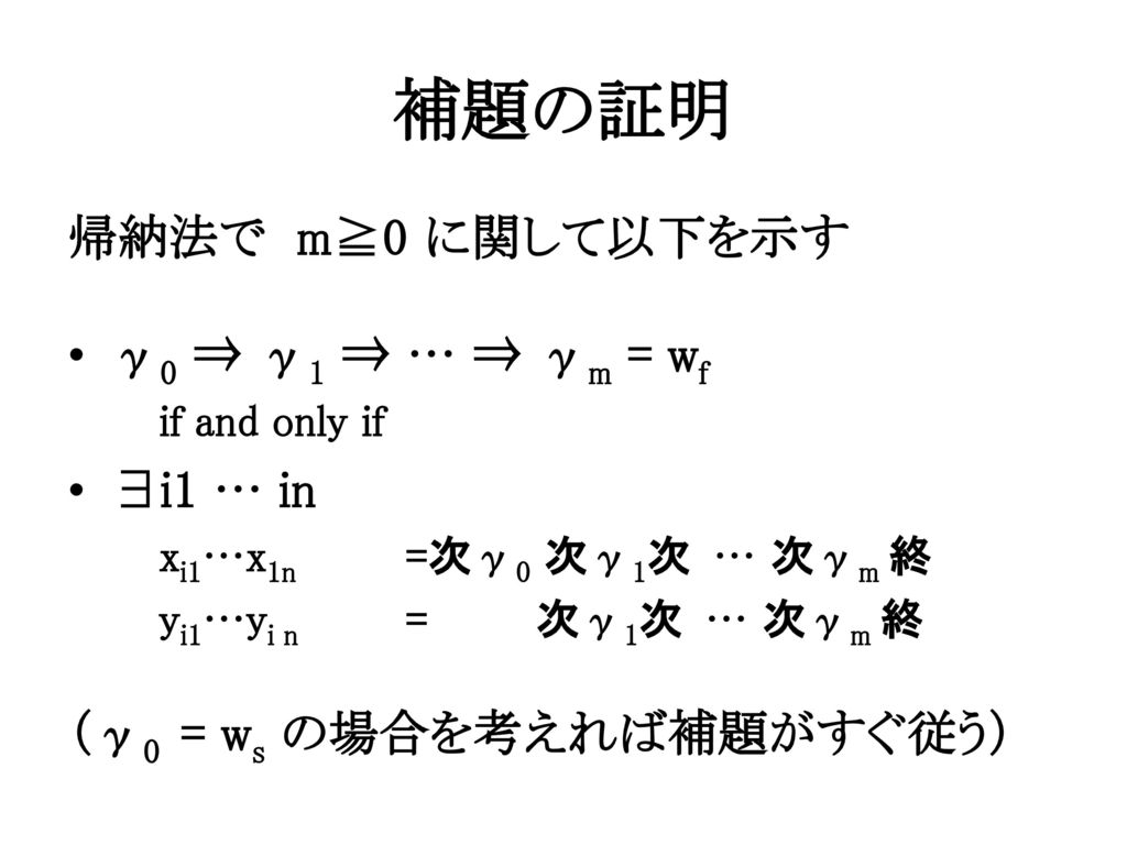 補題の証明 帰納法で m≧0 に関して以下を示す γ0 ⇒ γ1 ⇒ … ⇒ γm = wf ∃i1 … in