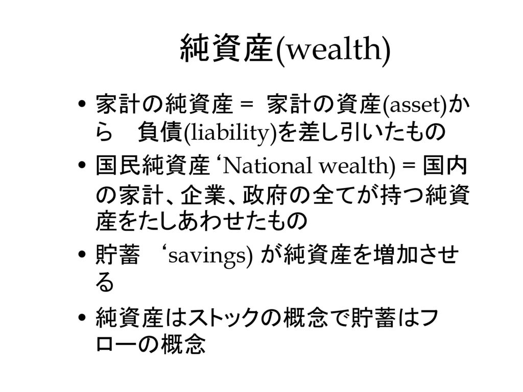 純資産(wealth) 家計の純資産 = 家計の資産(asset)から 負債(liability)を差し引いたもの