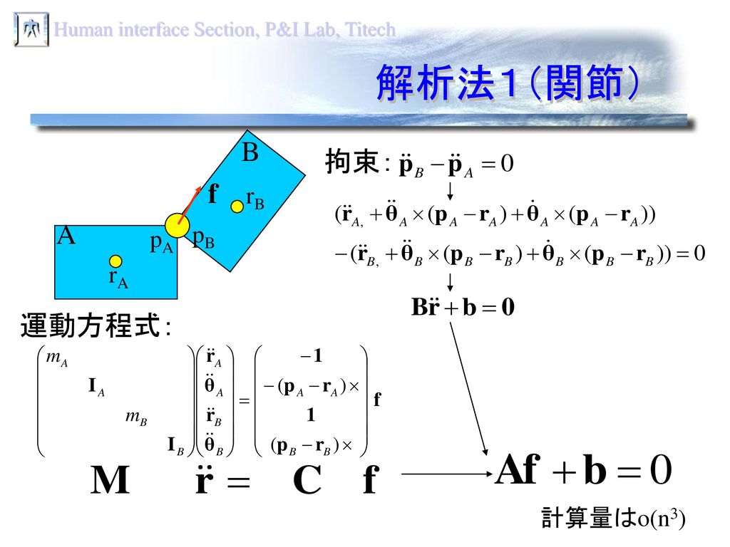 解析法１（関節） B 拘束： f rB A pB pA rA 運動方程式： 計算量はo(n3)