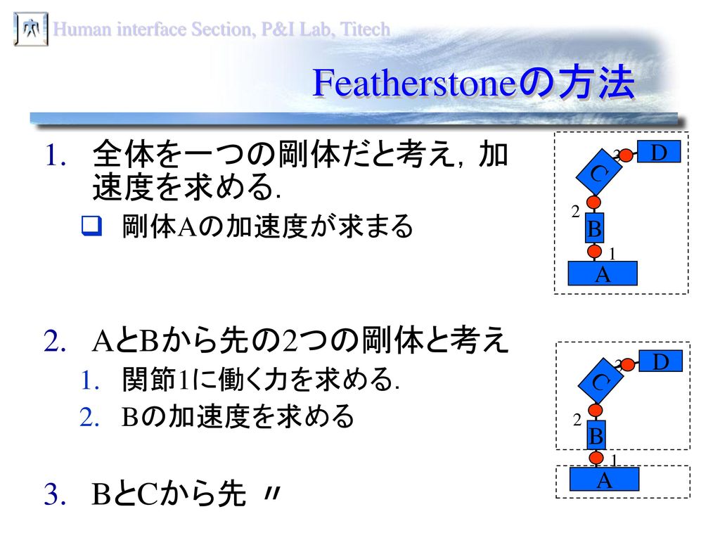 Featherstoneの方法 全体を一つの剛体だと考え，加速度を求める． AとBから先の2つの剛体と考え BとCから先 〃