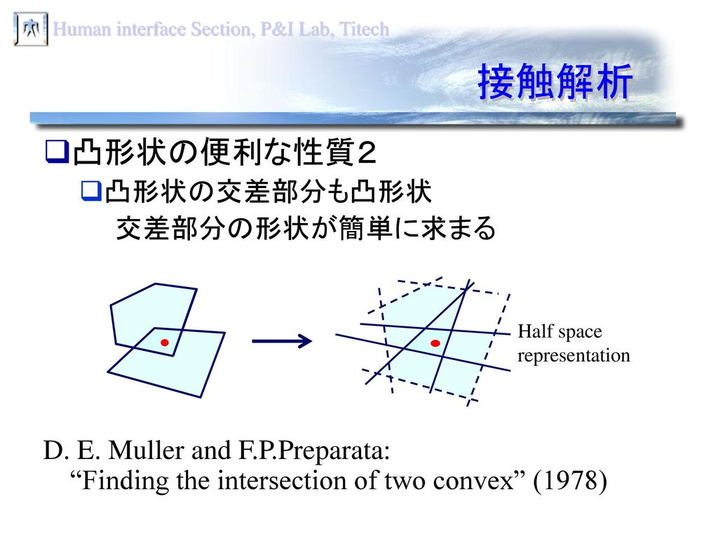 接触解析 凸形状の便利な性質２ 凸形状の交差部分も凸形状 交差部分の形状が簡単に求まる