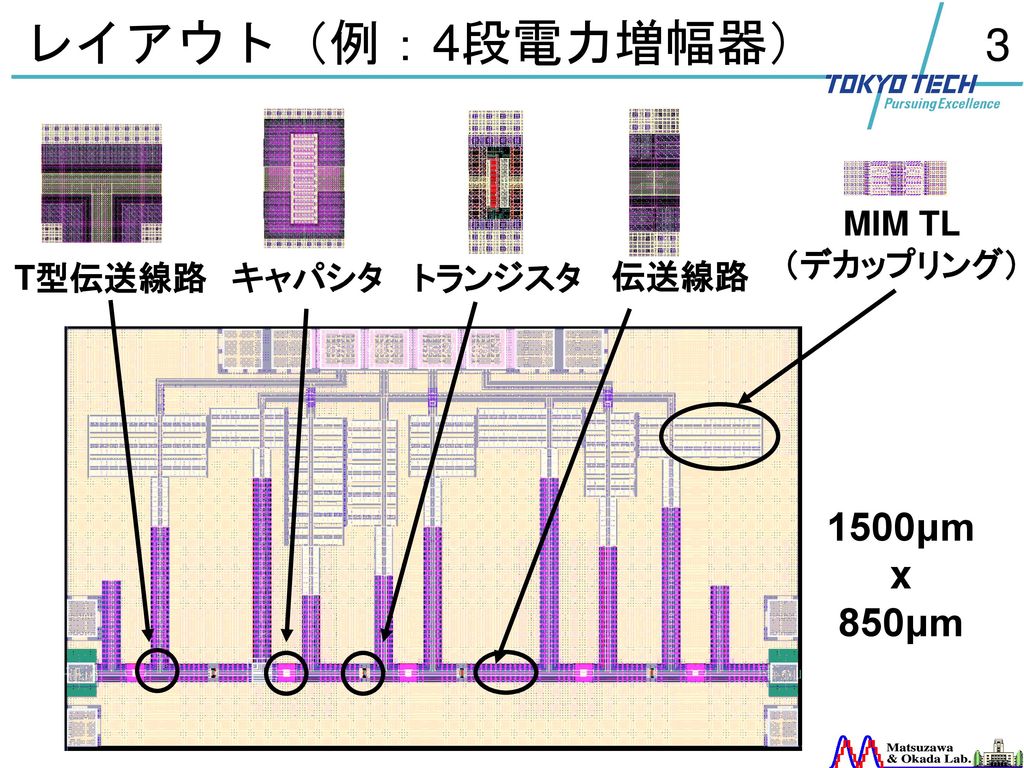研究目的 信号線間距離とカップリングの影響を検討する L字型の伝送線路を使うことにより小面積化を行なっている。 （左図は6段電力増幅器