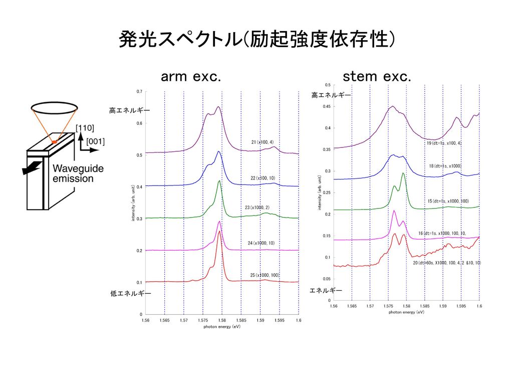 発光スペクトル(励起強度依存性) arm exc. stem exc.