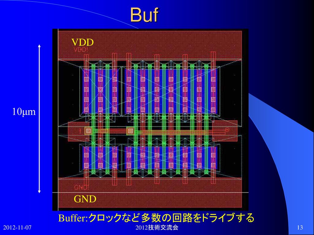 Buf VDD 10μm GND Buffer:クロックなど多数の回路をドライブする 技術交流会