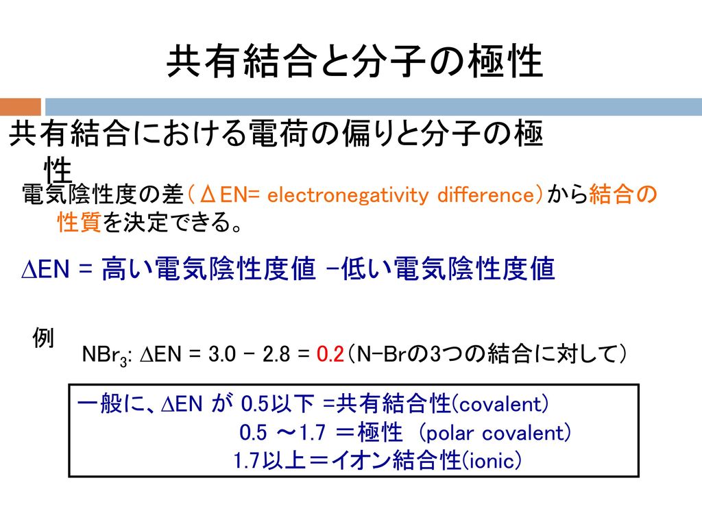 共有結合と分子の極性 共有結合における電荷の偏りと分子の極性 EN = 高い電気陰性度値 –低い電気陰性度値
